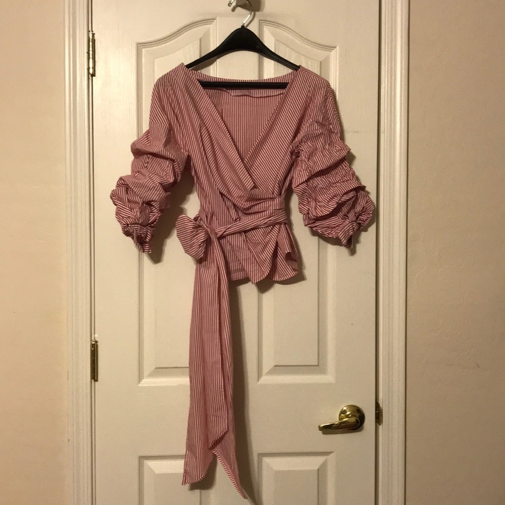 Red and white striped wrap shirt